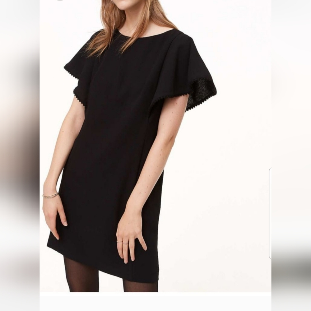 LOFT Black Pom-Pom Flutter Sleeve Sift Dress